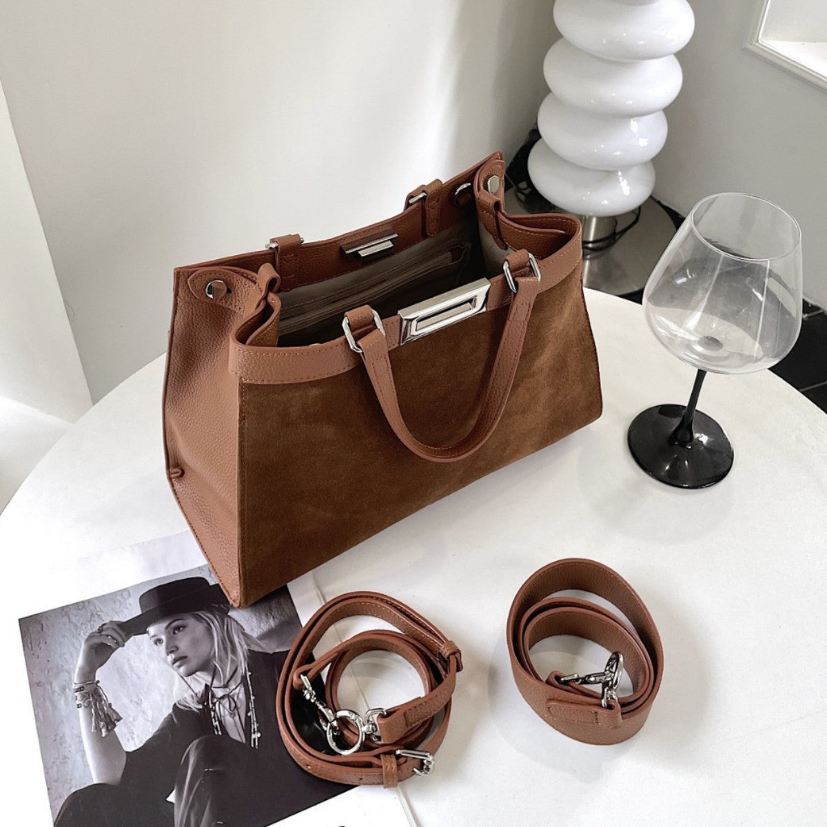 Frosted Cowhide Leather Commuter Handbag