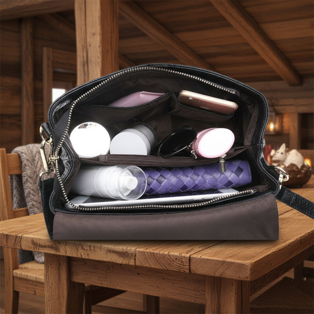 Sac à bandoulière en cuir véritable texturé de grande capacité