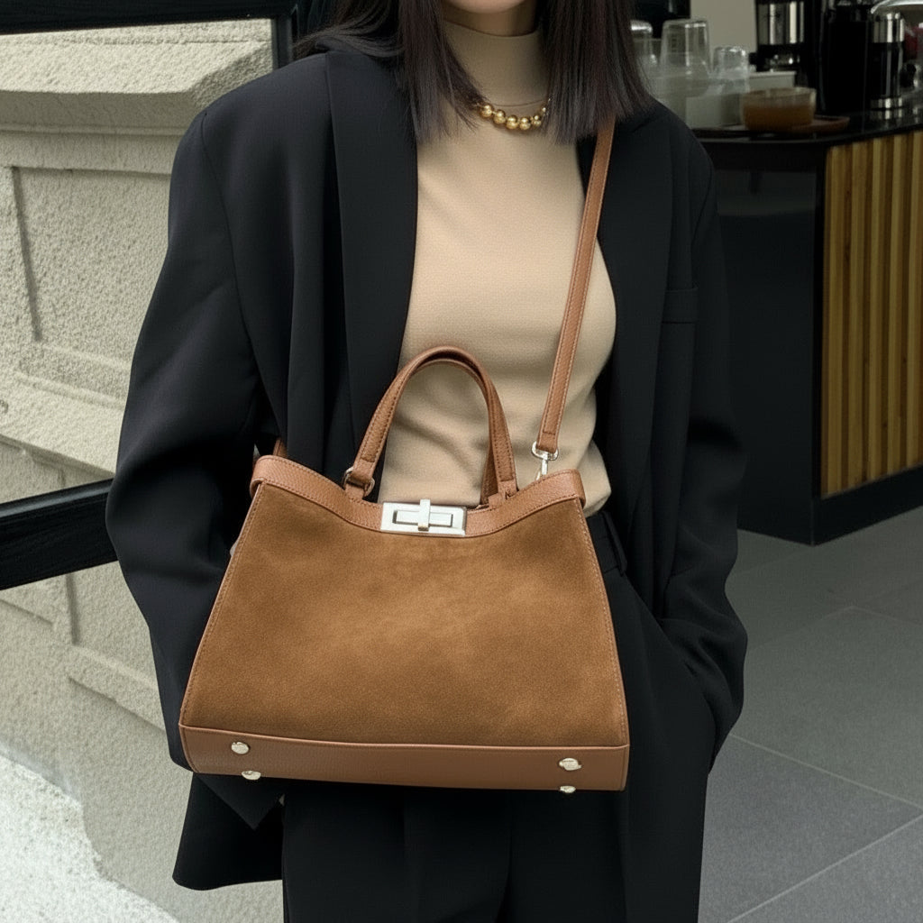 Frosted Cowhide Leather Commuter Handbag